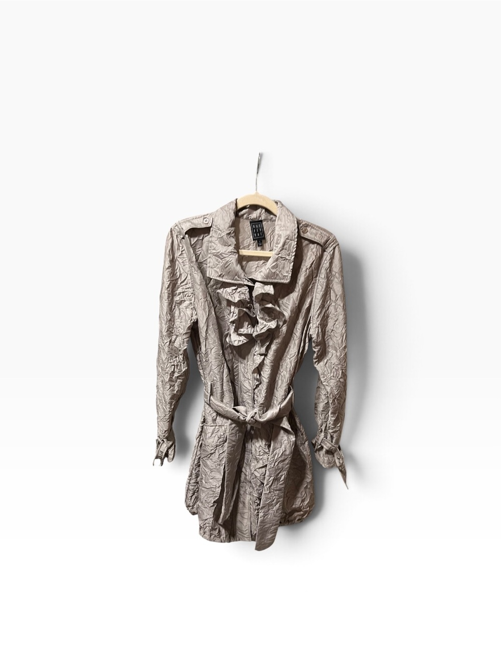 Due Per Due Crinkled Ruffled Trench Coat Jacket Gray L